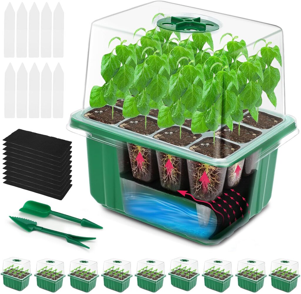 Seed Starter Tray,10 Packs 120 Cells Self Watering Seedling Starter Trays with Adjustable Humidity Domes, 4.25 inch Taller Seed Starter Kit with Heightened Lids for Greenhouse  Gardens