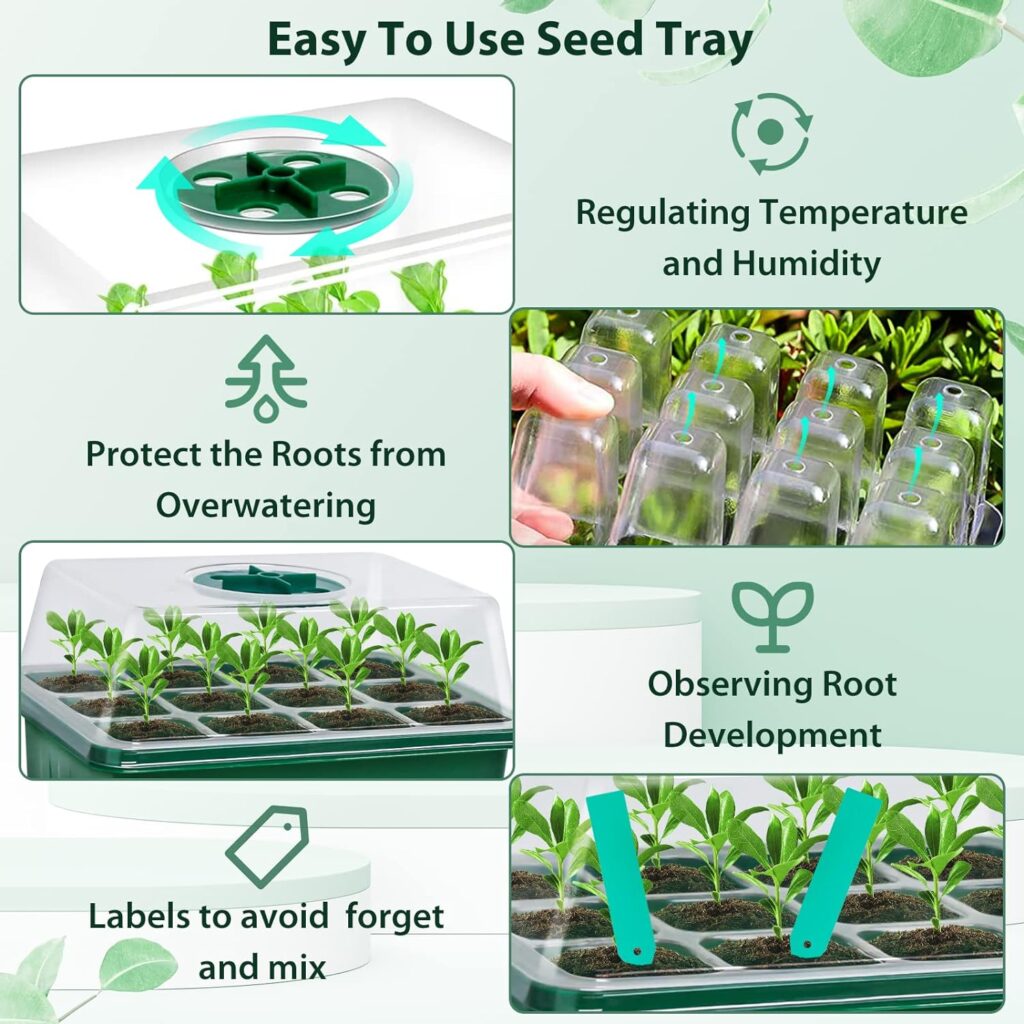 SHEEFLY 5 Set Seed Trays Seedling Starter Tray 60 Cells Humidity Adjustable Plant Starting Kit with Dome and Base Greenhouse Grow Trays Mini Propagator for Garden Seeds Growing with Hand Tools Labels