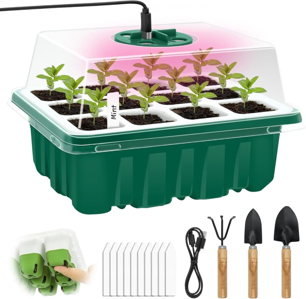 Starter Tray with Grow Light, 12 Flexible Pop-Out Cells, Silicone Bottom, Reusable Seed Starter Trays with Moisture Dome, Garden Tools,Labels, for Greenhouse  Garden (Green)