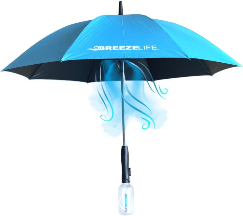 Sun Umbrella with Fan and Mister. A portable misting fan that blocks 99.9% of all UVA and UVB rays. Cooling for festival, beach and summer activities.