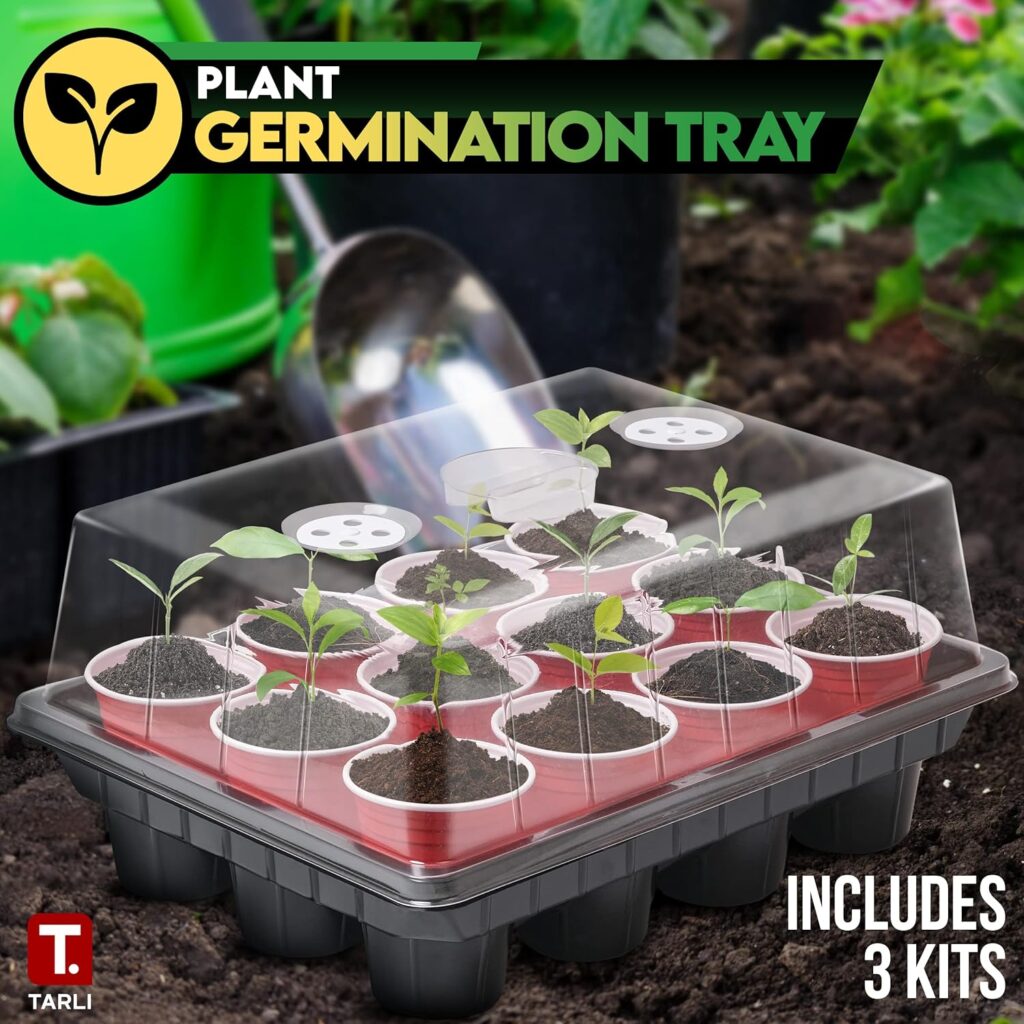 Tarli Pack of 5 Plant Germination Kit - 4 Dome Closure Seed Starter Tray, 2 Adjustable Vents Attached Cloning Tray, 12 Cells That Fit 12 Oz Cups, Suitable for Large Seeds