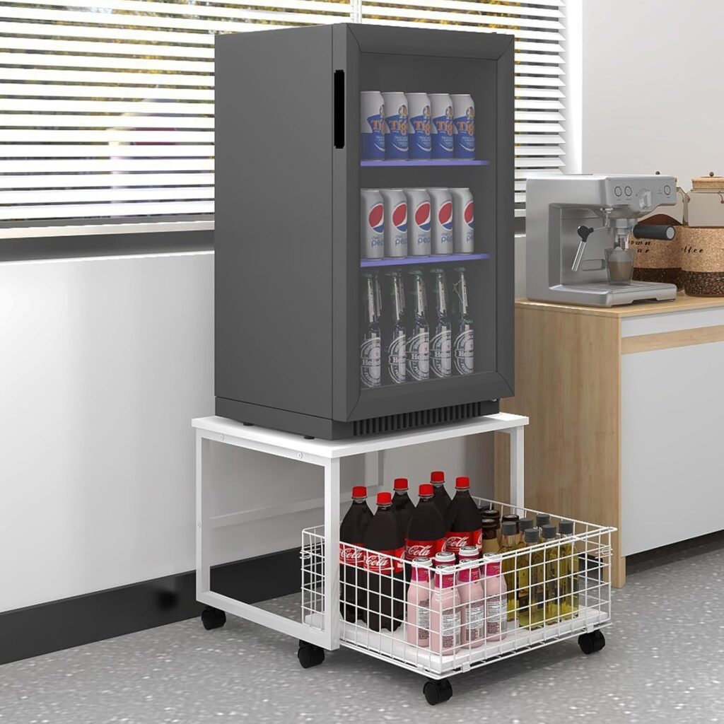 PUNCIA 19.7x19.7in Mobile Mini Fridge Stand with Large Capacity Storage Beverage Refrigerator Table with Wheels Rolling Compact Fridge Cart Heavy Duty Appliance Platform with Basket for Home Office