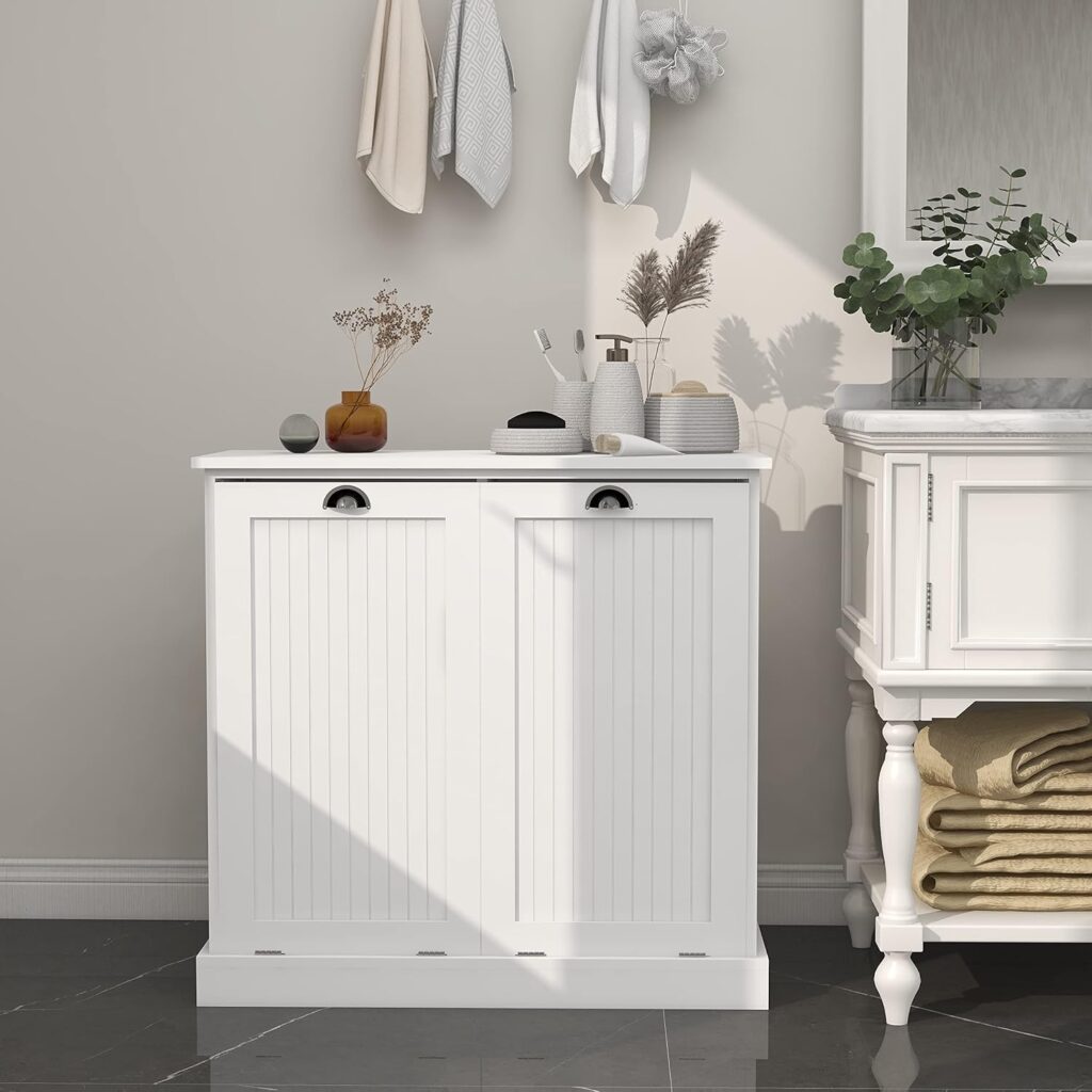 Tilt Out Laundry Hamper Cabinet with Removable Basket, Double Hidden Laundry Hamper Cabinet, Wood Bathroom Storage Cabinet, Free Standing Home Organizer, White