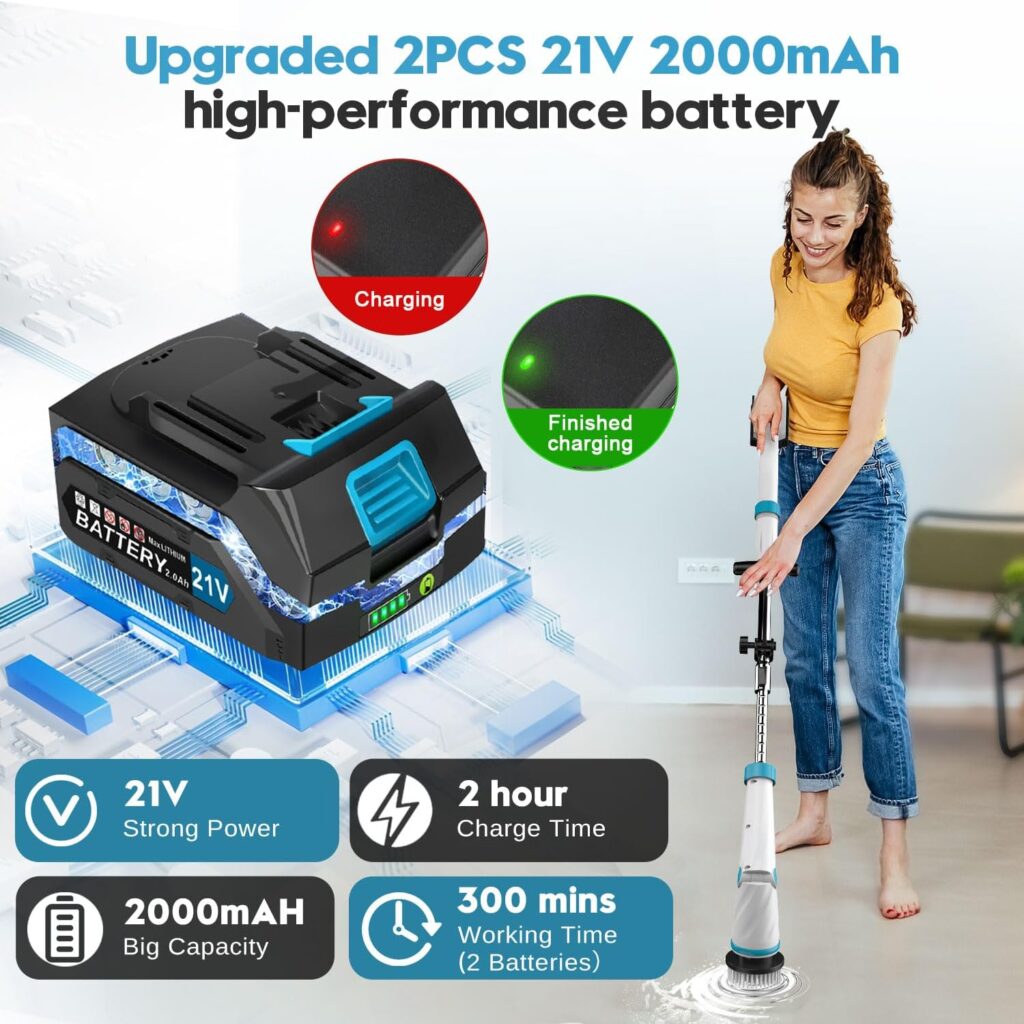 1500RPM Electric Spin Scrubber, 8 Brush Heads Electric Scrubber for Cleaning, Shower Scrubber with Long Handle and Two Battery, High Power Scrubber with Display for Bathroom/Tub/Floor