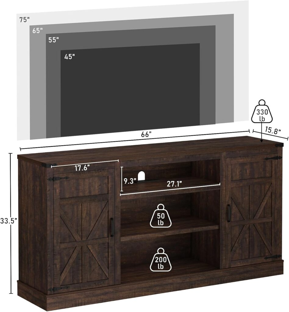 66 Farmhouse TV Stand with Power Outlets for 75 65 Inch TVs, 33 Tall Entertainment Center with Storage Cabinets w/Adjustable Shelves, Rustic Large TV Media Console for Living Room, Brown