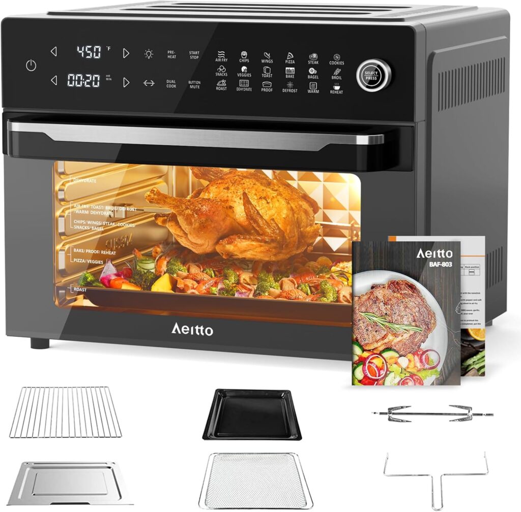 Aeitto® 32-Quart PRO Large Air Fryer Oven| Toaster Oven Combo | with Rotisserie, Dehydrator and Full Accessories | 19-In-1 Digital Airfryer | Fit 13 Pizza, 9pcs Toast, 1800w, Black