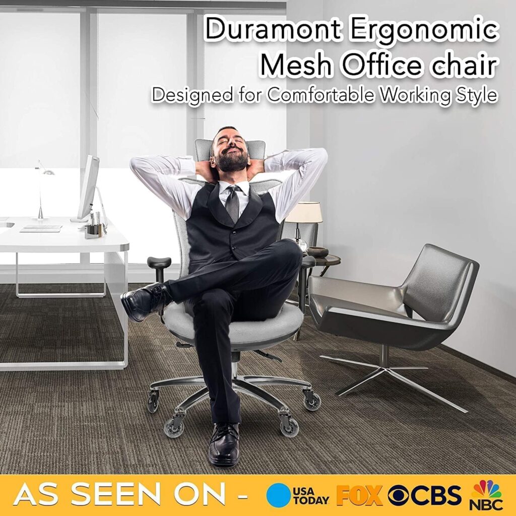 Duramont Ergonomic Office Chair - Adjustable Desk Chair with Lumbar Support and Rollerblade Wheels - High Back Chairs with Breathable Mesh - Thick Seat Cushion, Head, and Arm Rests - Reclines