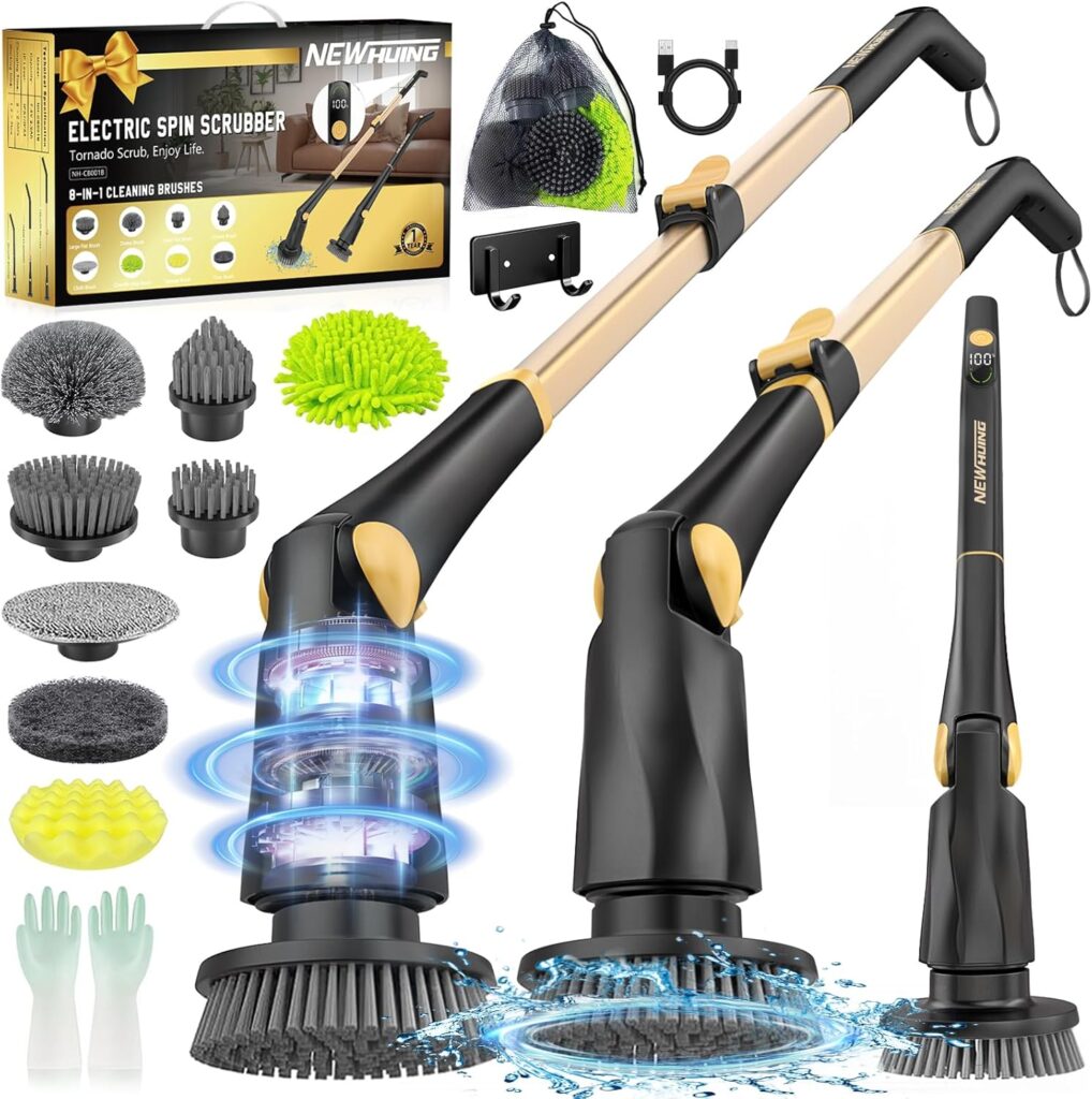 Electric Spin Scrubber Cleaning Brush - Power Shower Scrubber with Long Handle - Cordless Floor Scrubber with 8 Replaceable Brush Heads for Tub Tile Glass Grout