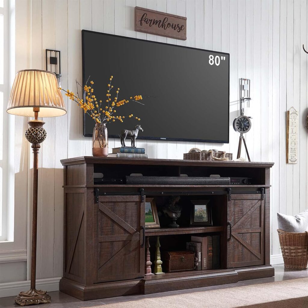 Farmhouse TV Stand for 80 Inch TVs, 39 Tall Entertainment Center w/Storage Cabinets and Sliding Barn Door, Media Console Cabinet w/Soundbar  Adjustable Shelves for Living Room, 70inch (Brown)