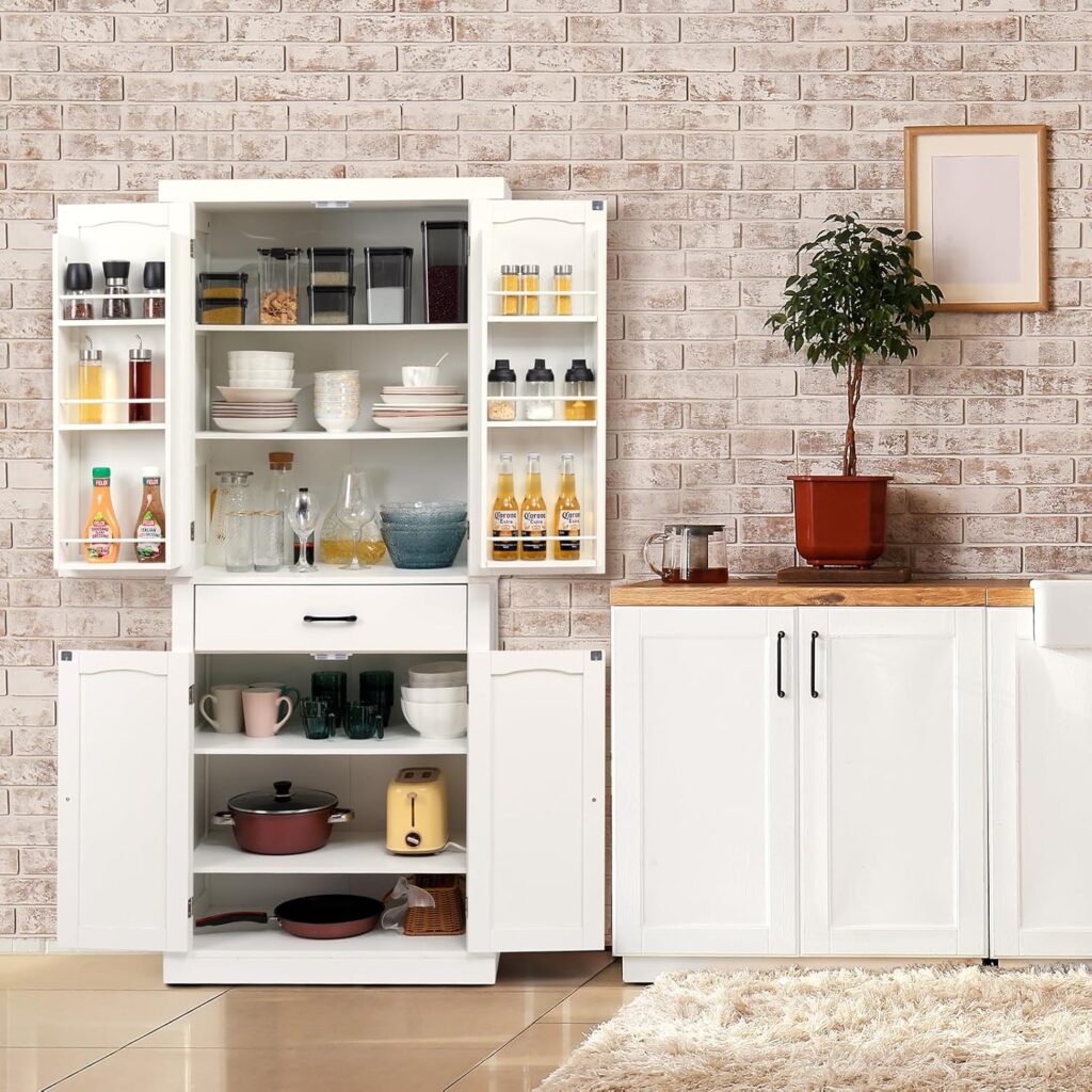 HollyHOME 72 Kitchen Pantry Cabinet, Large Freestanding Cupboard with Drawer, Adjustable Shelves and Door Storage Shelves for Kitchen, Living Room, and Bathroom, White