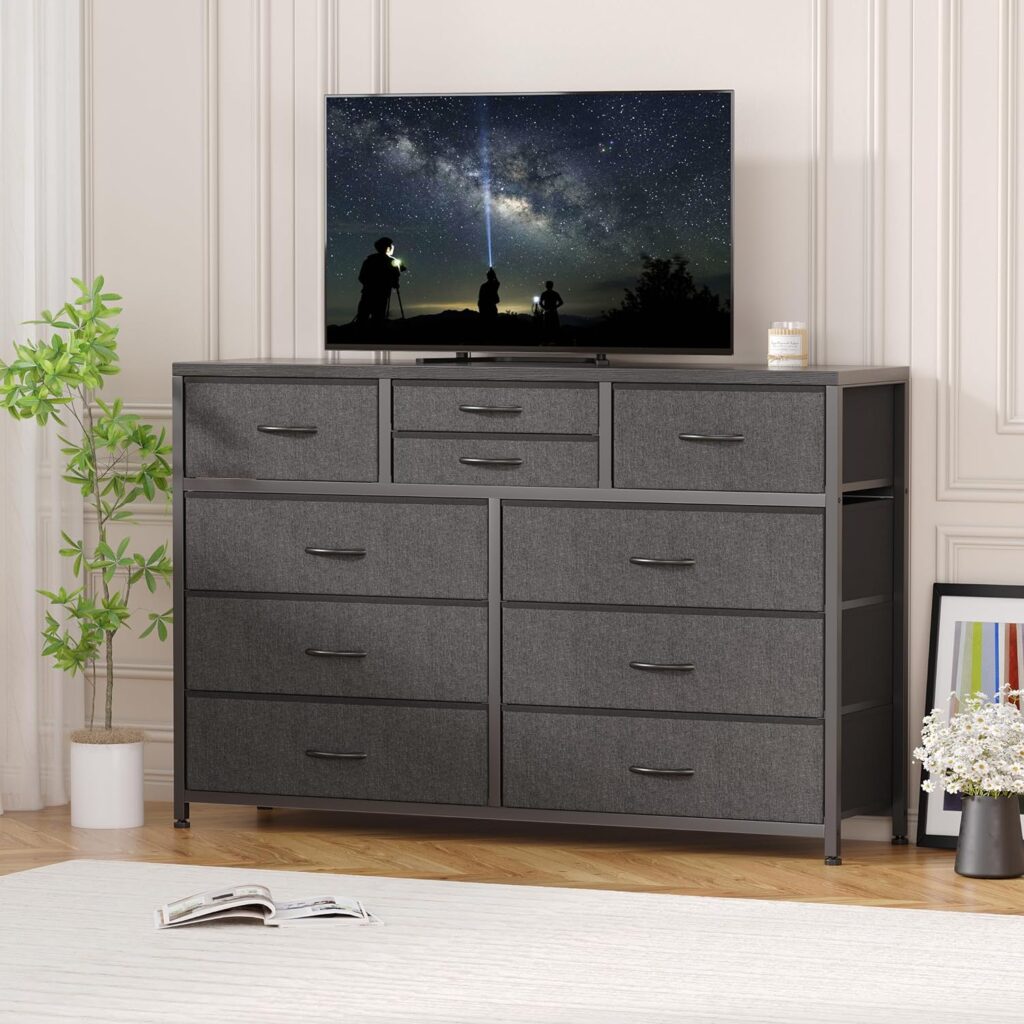 Jojoka Wide 10 Drawer Dresser,TV Stand Entertainment Center Fabric Storage Dressers Drawers for Bedroom, Hallway, Nursery, Closets, Steel Frame, Wood Top (Black)