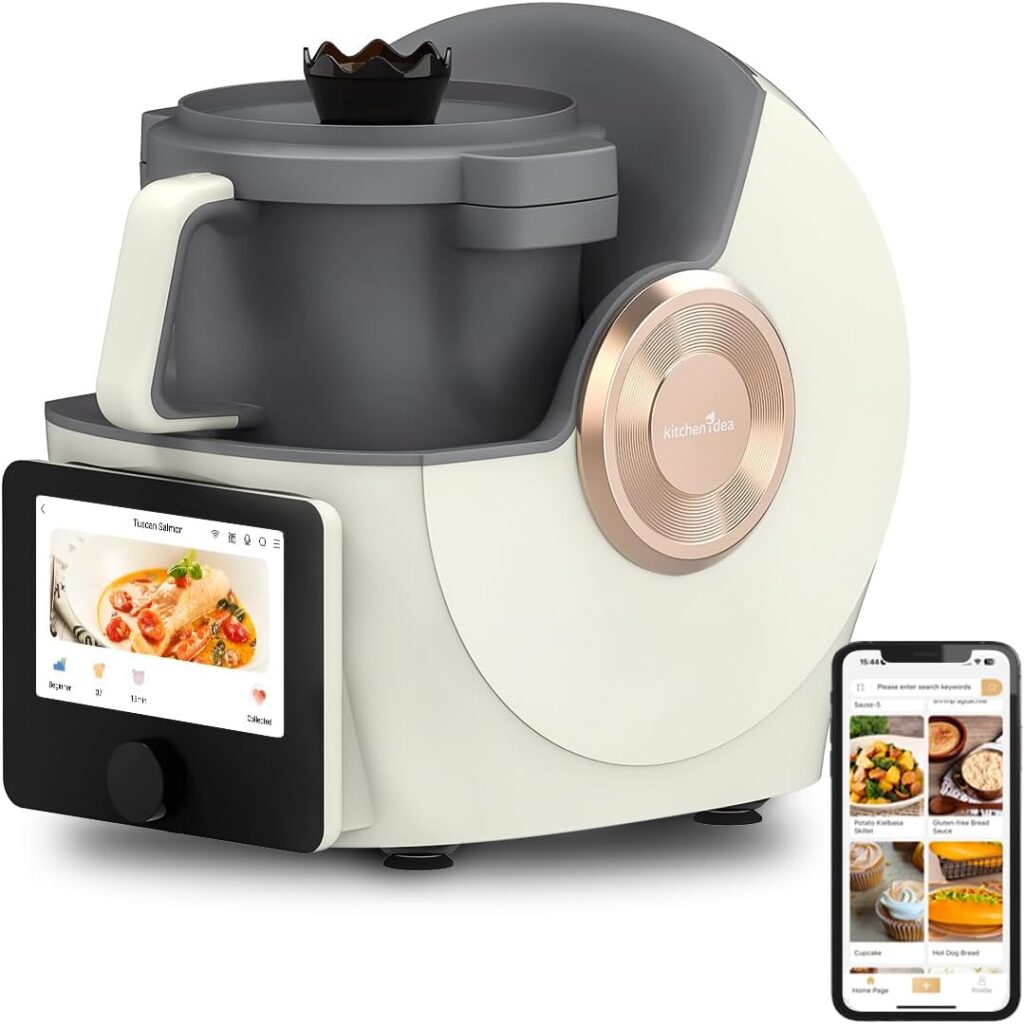 KITCHENIDEA Kody29 Smart Food Processor, 21 in 1 Multicooker and Cooking Robot with 2,000+ Guided Recipes, 11 Accessories, WiFi Built-In Self-cleaning, Juicer, Blender, Boil, Weigh (milky white)