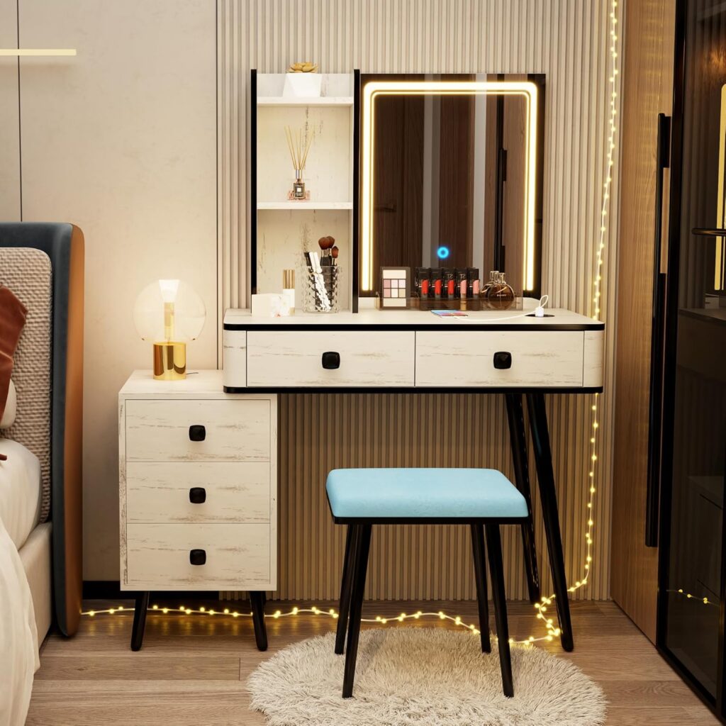 LVSOMT Vanity Desk with Mirror and Lights, Makeup Vanity Table Set with 3-Color Lights and Charging Station, 5 Drawers, 3 Shelves, Dressing Table with Stool for Women Girls (Wood White)