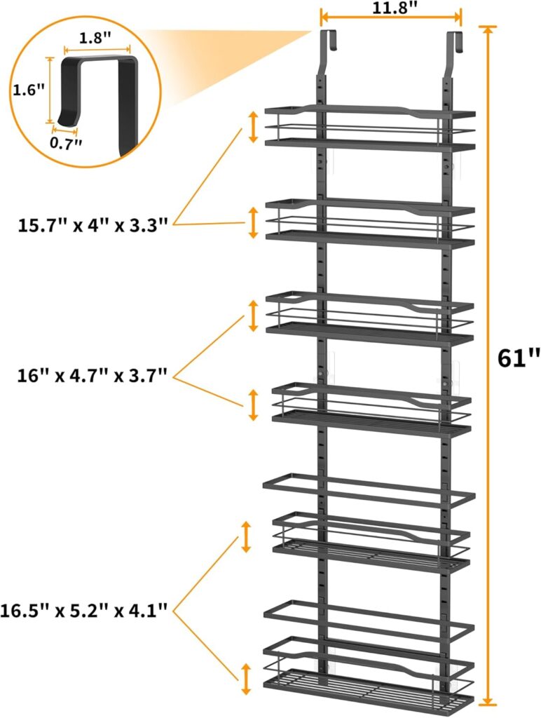 Moforoco White Narrow 9-Tier Over The Door Pantry Organizer, Pantry Organization and Storage, Black Hanging Basket Wall Spice Rack Seasoning Shelves, 12.2