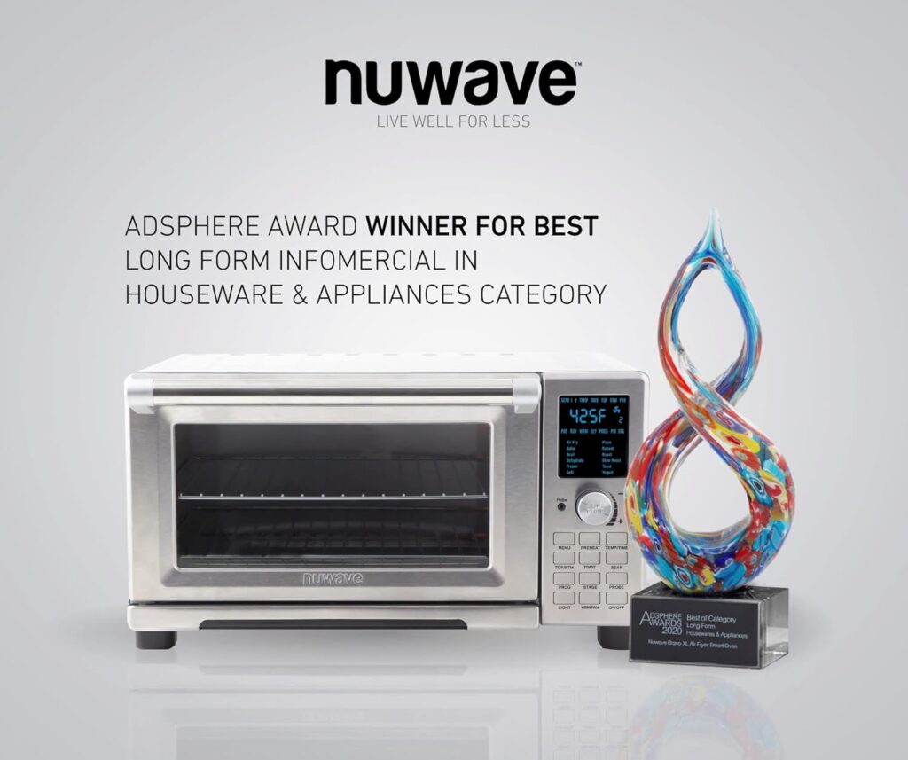 Nuwave Bravo Air Fryer Toaster Smart Oven, 12-in-1 Countertop Convection, 30-QT XL Capacity, 50°-500°F Temperature Controls, Top and Bottom Heater Adjustments 0%-100%, Brushed Stainless Steel Look