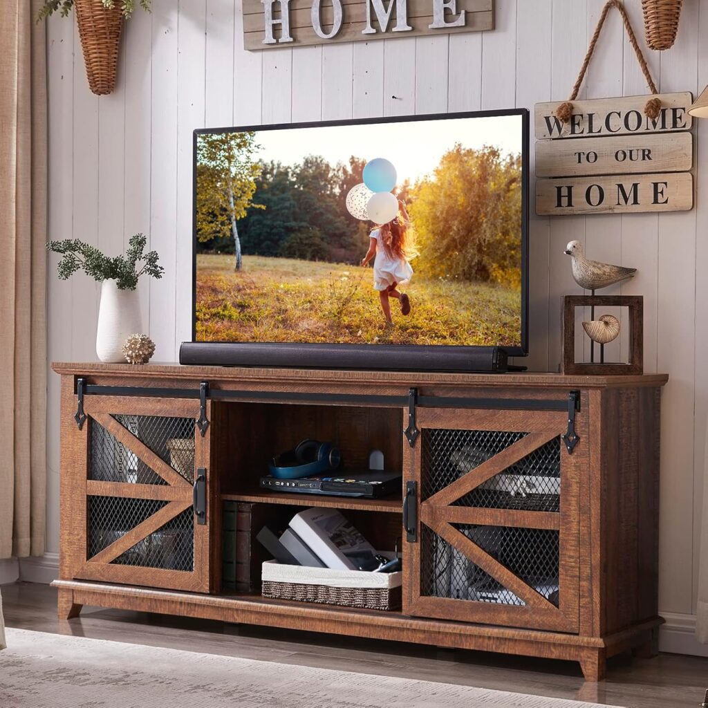 OKD Farmhouse TV Stand for 75 Inch TV, Industrial  Farmhouse Media Entertainment Center w/Sliding Barn Door, Rustic TV Console Cabinet w/Adjustable Shelves for Living Room, Reclaimed Barnwood