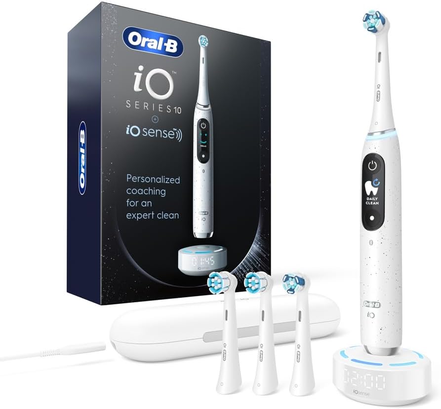 Oral-B iO Series 10 Rechargeable Electric Toothbrush with Visible Pressure Sensor to Protect Gums, 2 Min Timer, 7 Cleaning Settings, 4 Replacement Toothbrush Heads, and Charging Travel Case, Black