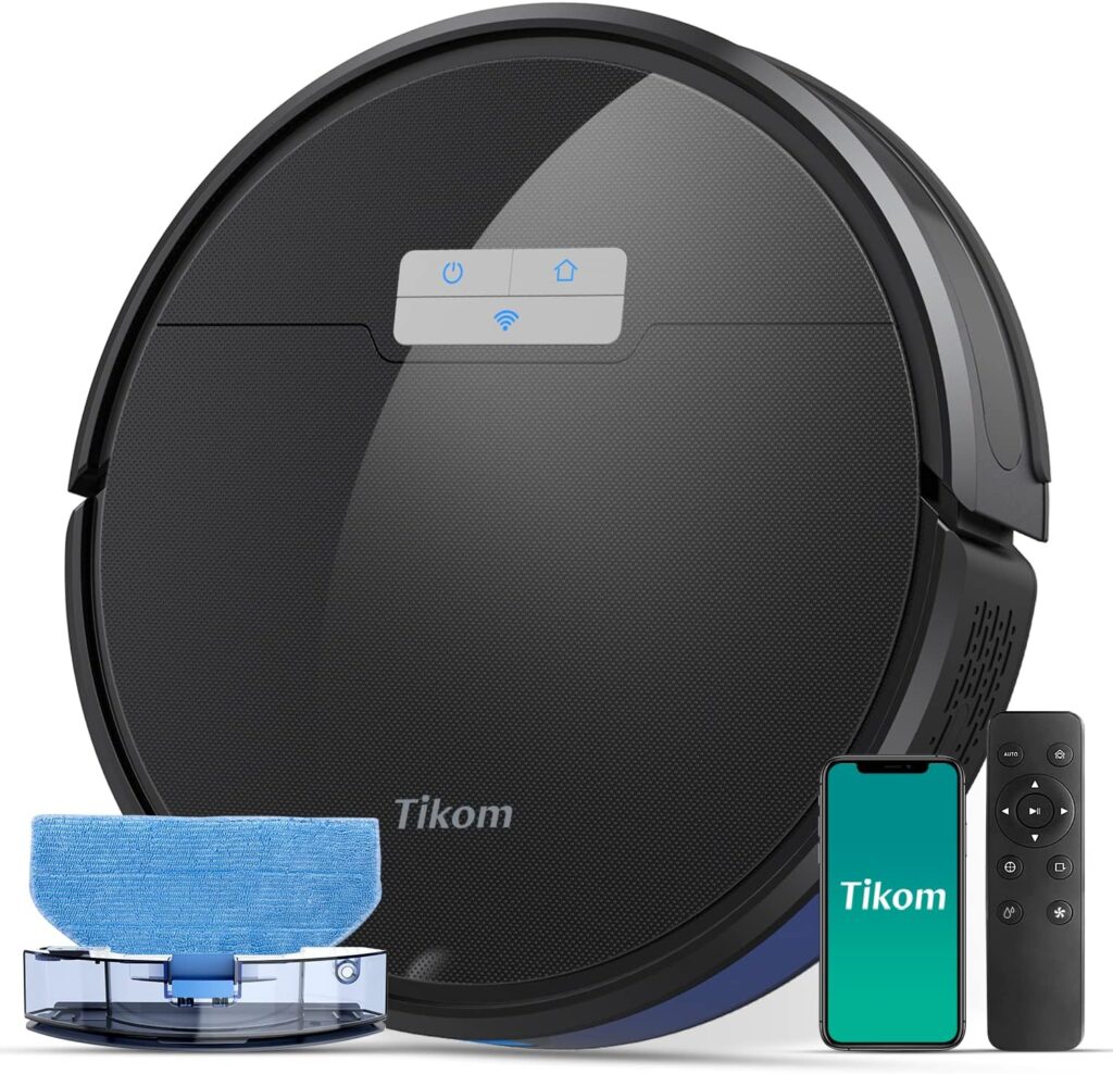 Tikom G8000 Pro Robot Vacuum and Mop Combo, 4500Pa Suction, 150Mins Max, Robotic Vacuum Cleaner with Self-Charging, Quiet, APPVoice Control, Good for Carpet, Hard Floor, Black