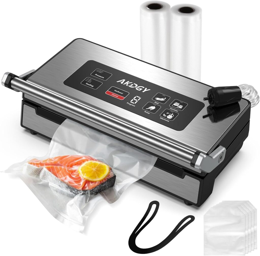 Vacuum Sealer Machine, 90Kpa Powerful Pro Food Vacuum Sealer Machine with Dry/Moist/Liquid Modes, Built-in Cutter, Bag Storage, Stainless Steel Handle Locked Design and Digital Countdown