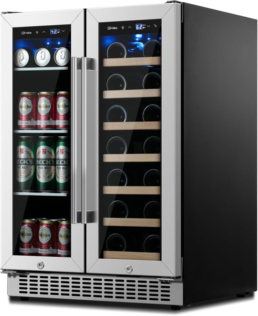 Wine and Beverage Refrigerator 24 inch, Dual Zone Wine Cooler Under Counter Lockable 20 Bottles and 88 Cans Fridge Built in Freestanding for Beer Soda Drink Bar Kitchen Cabinet Commercial