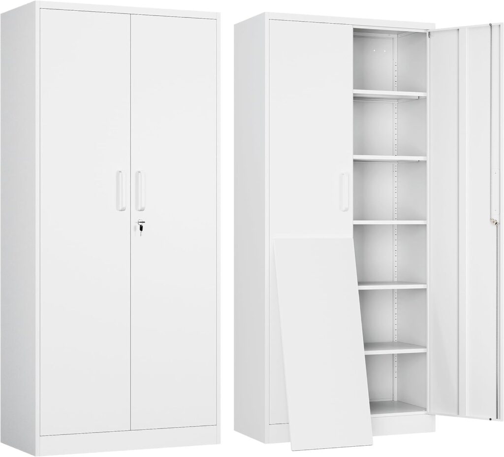 Yizosh Metal Garage Storage Cabinet with 2 Doors and 5 Adjustable Shelves - 71 Steel Lockable File Cabinet,Locking Tool Cabinets for Office,Home,Garage,Gym,School (White)