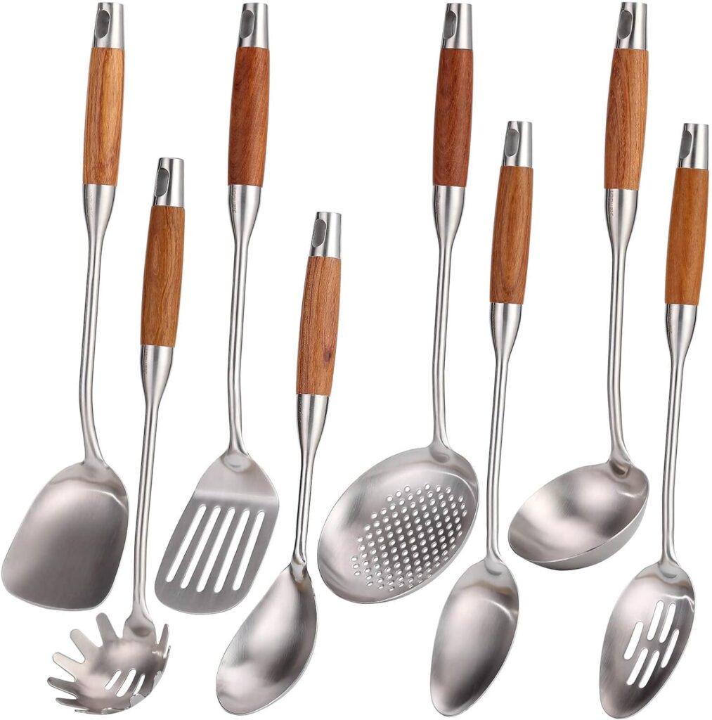 304 Stainless Steel Kitchen Utensils Set with Wood Handle, 8 PCS Metal Cooking Utensils  Serving Utensils - Spatula and Ladle Set, Non Stick Cooking Spoons Set, Kitchen Gadgets Cookware Set