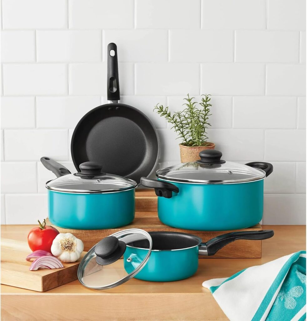 7 Piece Non-Stick Cookware Set Aluminum Teal, Dishwasher Safe