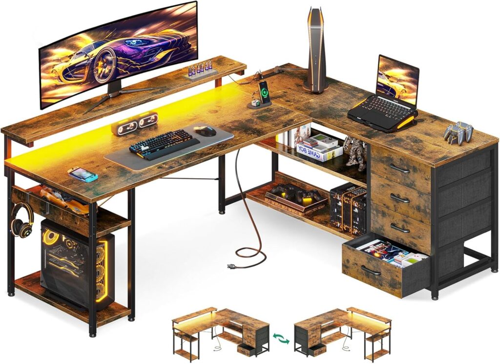 AODK 61 L Shaped Desk with Drawer, Computer Desk with Power Outlets  LED Lights, Reversible Corner Gaming Desk for Home Office Workstation, Office Desk with Monitor Shelf, Vintage