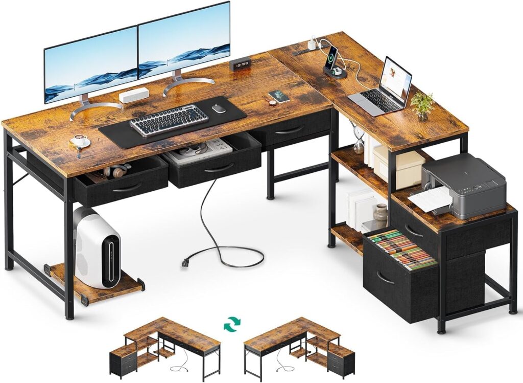 AODK L Shaped Computer Desk with Fabric Drawers and File Cabinet, 61 Reversible Home Office Workstation Desk with Power Outlets  Host Stand, Corner Gaming Table with Storage Shelves, Vintage