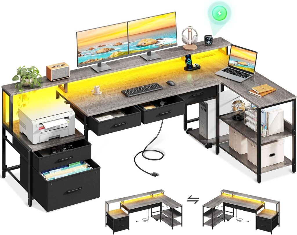 AODK L Shaped Desk with 5 File Drawers, 75 Reversible L Shaped Computer Desk with Power Outlet  LED Strip, Office Desk with Storage Shelves, Gaming Desk with Monitor Shelf, Corner Desk, Grey Oak