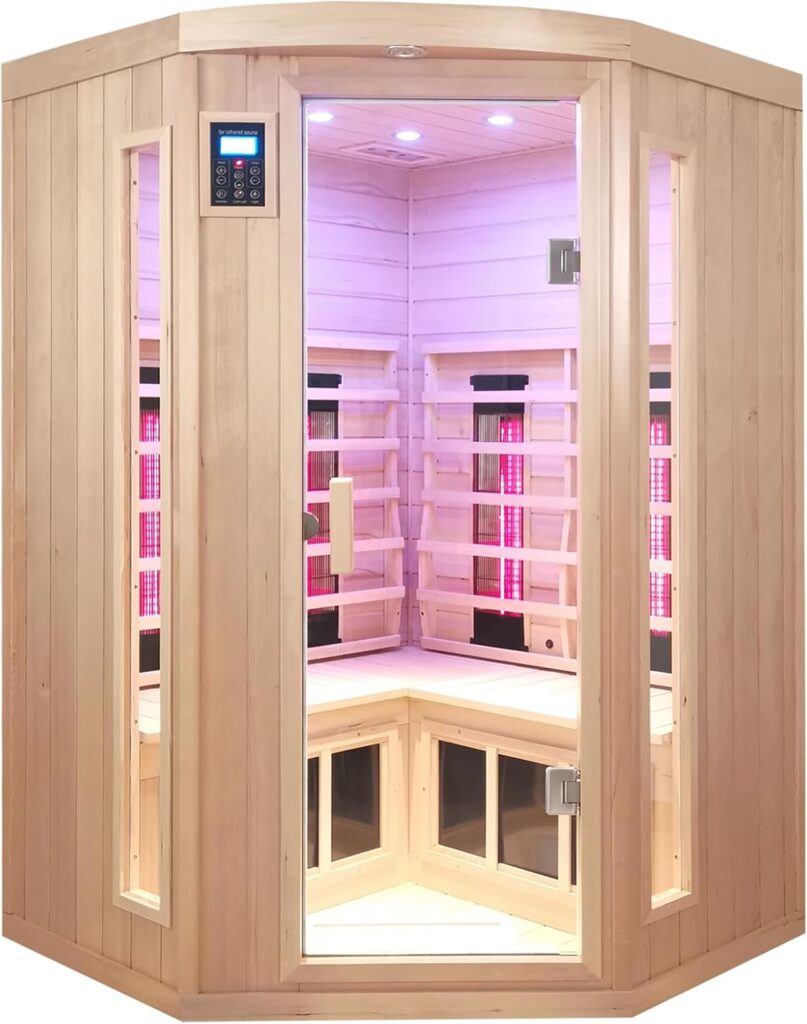 Ceramic Infrared Saunas for Home, 2-3 Person Infrared Sauna, Low EMF Indoor Sauna, Home Sauna, Hemlock Wooden Sauna Room with Bluetooth Speakers, Reading Lamps, Chromotherapy Lights