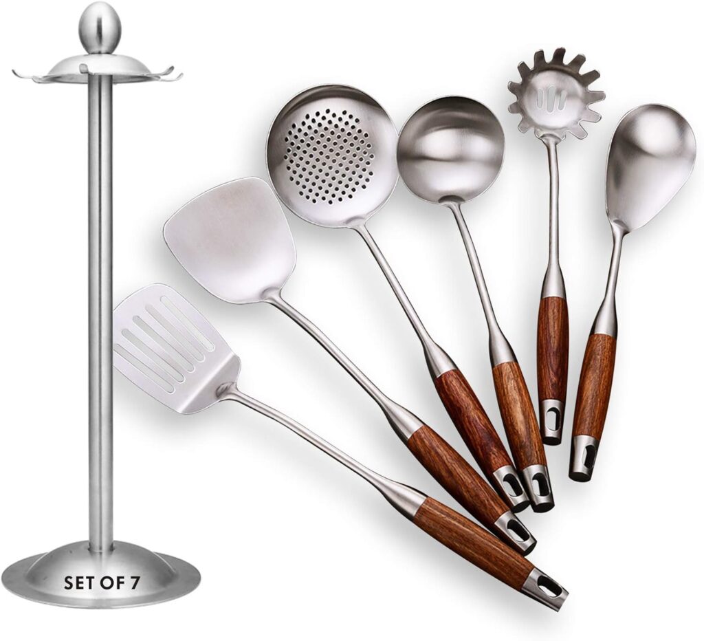 Cooking Utensils Set,7pcs 304 Stainless Steel Kitchen Utensils Set with Holder,Heat Resistant Wooden Handle Kitchen Tools