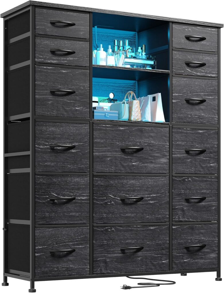 EnHomee 51 H Tall Dressers with Hutch 15 Drawer Dresser for Bedroom with Charging Station  LED Lights Sturdy Black Bedroom Dresser,Steel Frame, Wood Top, 51.2 H x 39.3 W x 11.8 D