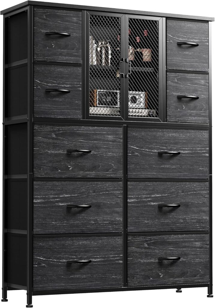 EnHomee Dresser for Bedroom with Mesh Door Tall Dressers  Chests of Drawers with 10 Fabric Drawer Morden Dresser Organizer,Metal Frame,Wood Top,for Closet,Entryway,Black 38 Wx11.81 Dx48.1 H