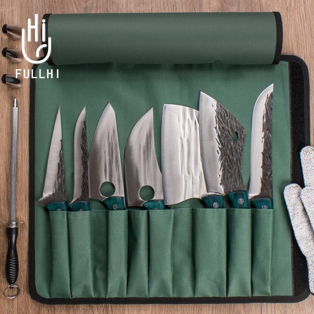 FULLHI 13pcs Butcher Chef Knife Set include sheath High Carbon Steel Cleaver Kitchen Knife Whole Tang Vegetable Cleaver Home BBQ Camping with Knife Bag