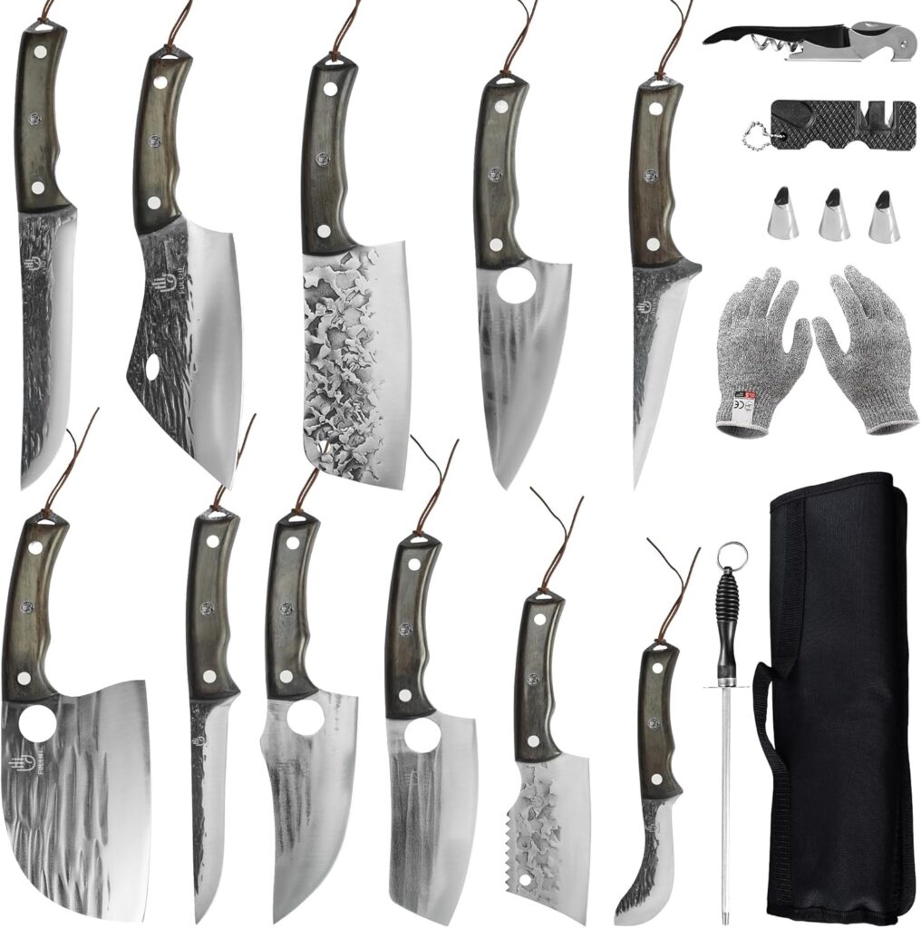 FULLHI 17pcs Butcher Chef Knife Set include sheath High Carbon Steel Cleaver Kitchen Knife Whole Tang Vegetable Cleaver Home BBQ Camping with Knife Bag