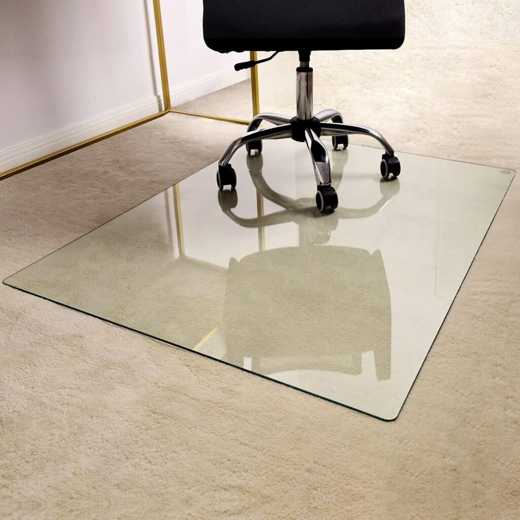 GLSLAND Office Chair Mat for Carpet - 36 x 46 Tempered Glass Floor Mat - for Office Chair on Carpet - 1/5 Thick Clear Computer Floor Mat with 4 Anti-Slip Pads