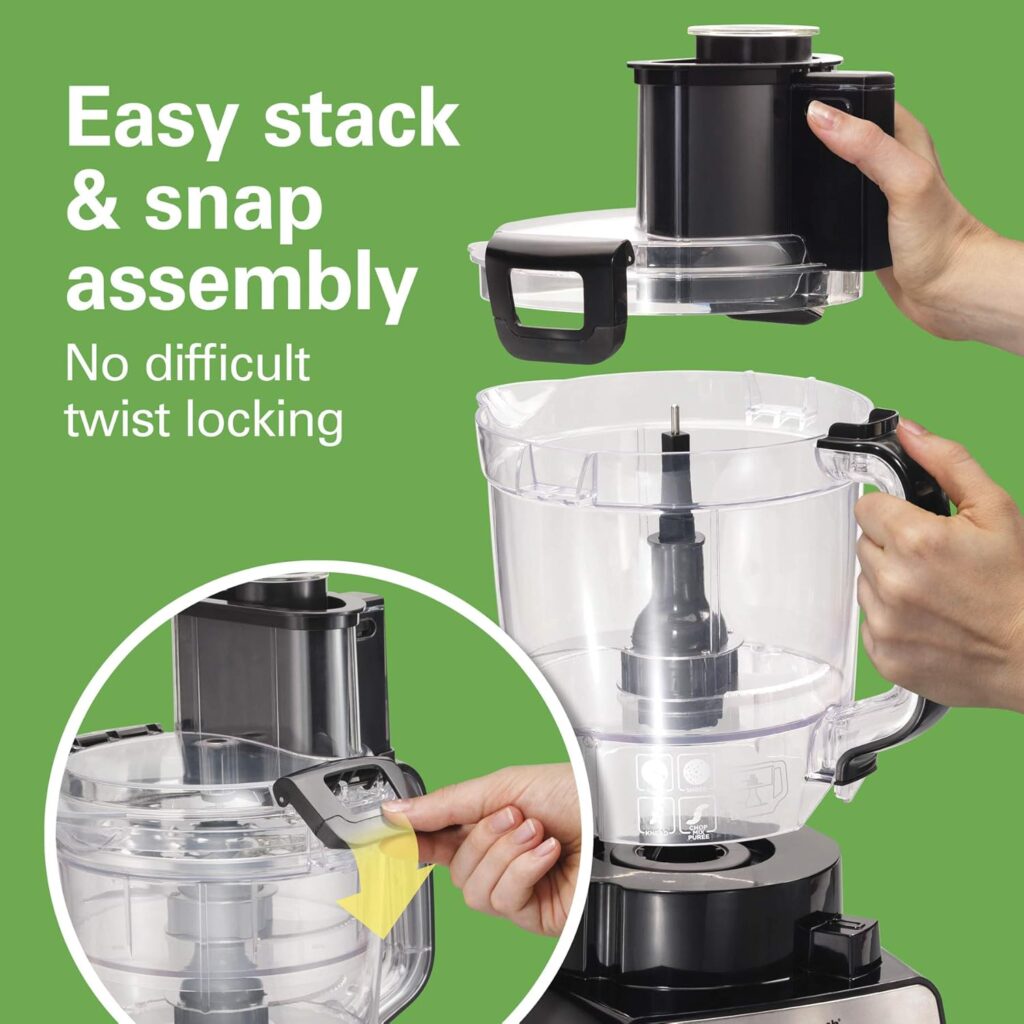 Hamilton Beach Stack  Snap Food Processor and Vegetable Chopper, BPA Free, Stainless Steel Blades, 14 Cup + 4-Cup Mini Bowls, 3-Speed 500 Watt Motor, Black (70585)