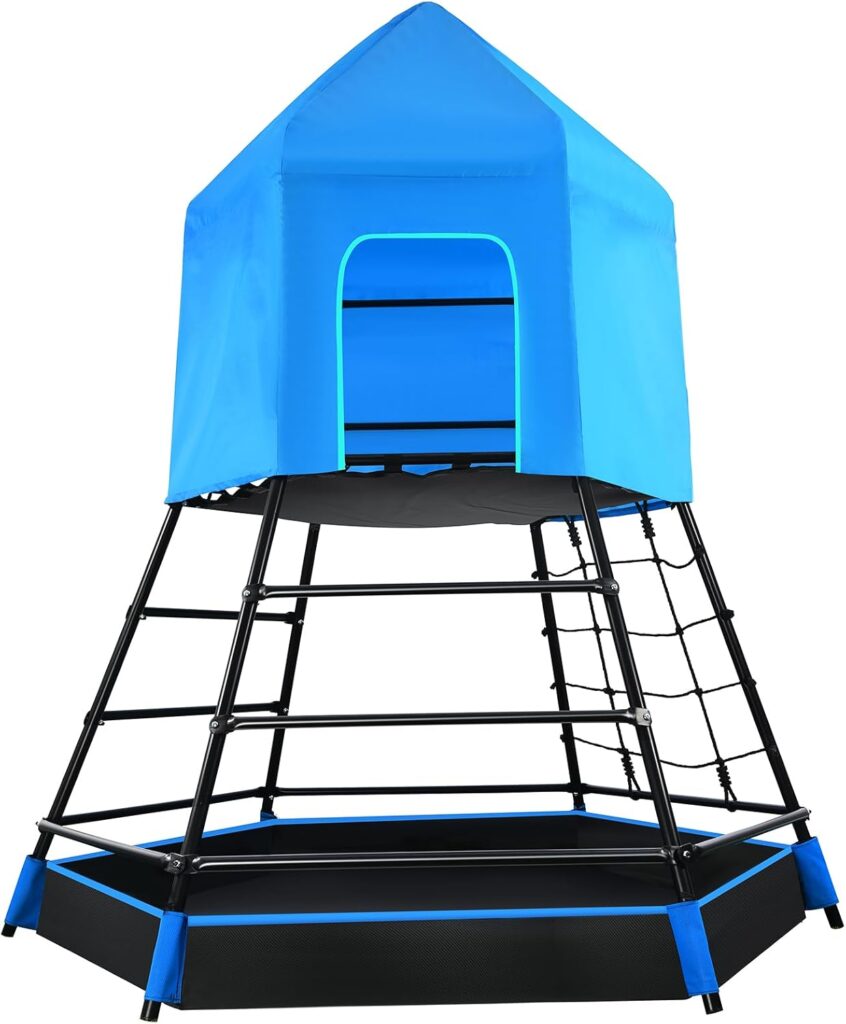 Hapfan Jungle Gym with Platform and Tent, Climbing Toys with Monkey Bars for Kids, Metal Outdoor Play Equipment