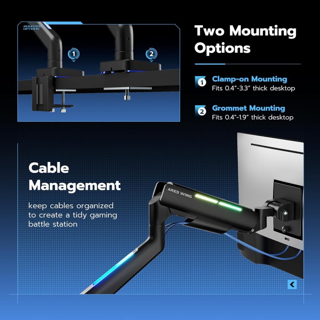 Heavy Duty Monitor Arm for 49  44 Lbs Ultrawide Monitor, Compatible with Samsung Odyssey G9 and LG Monitor, RGB Monitor Desk Arm, Adjustable Gas Spring Single Monitor Mount, Black