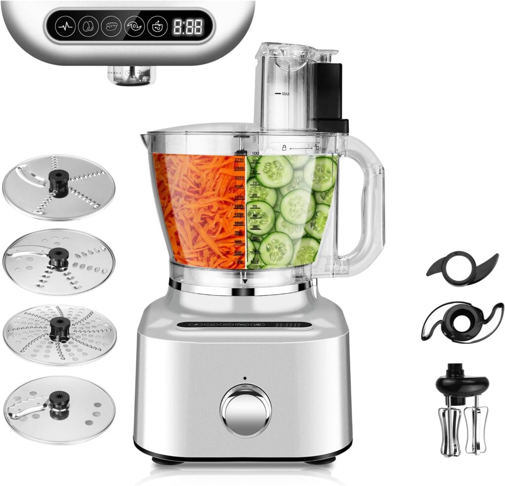 Homtone 16 Cup Food Processor, Aluminum-Diecast Food Processors, 5 Preset Modes Vegetable Chopper Electric, 6 Blades 9 Functions for Home Use, Variable Speed, 650W, Sliver