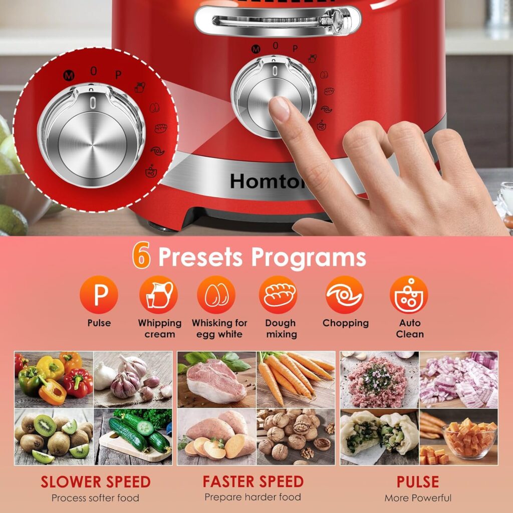 Homtone 16 Cup Food Processor, Large Food Processors, 6 Preset Modes Vegetable Chopper Electric, 6 Blades 8 Functions for Home Use, Stepless Speed Control, 650W, Red