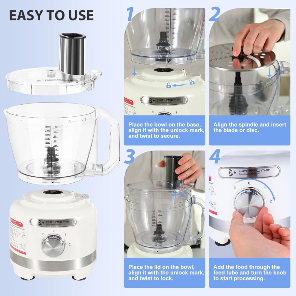 Homtone 16 Cup Food Processor with Storage Box, 10-in-1 Electric Vegetables Chopper for Slicing, Chopping, Mincing, Shredding, Purees  Dough, Extra-Large 3 Feed Chute, 600W, White