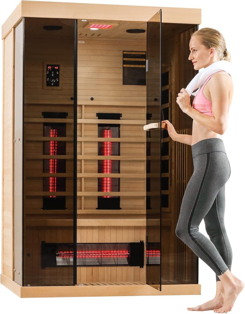 Infrared Sauna, 1-2 Person Home Sauna with 10 Minutes Warm-up Heater Tube Carbon Panels, Personal Sauna for Home with Door Handle to Hold Cell Phones, Panoramic Tempered Glass