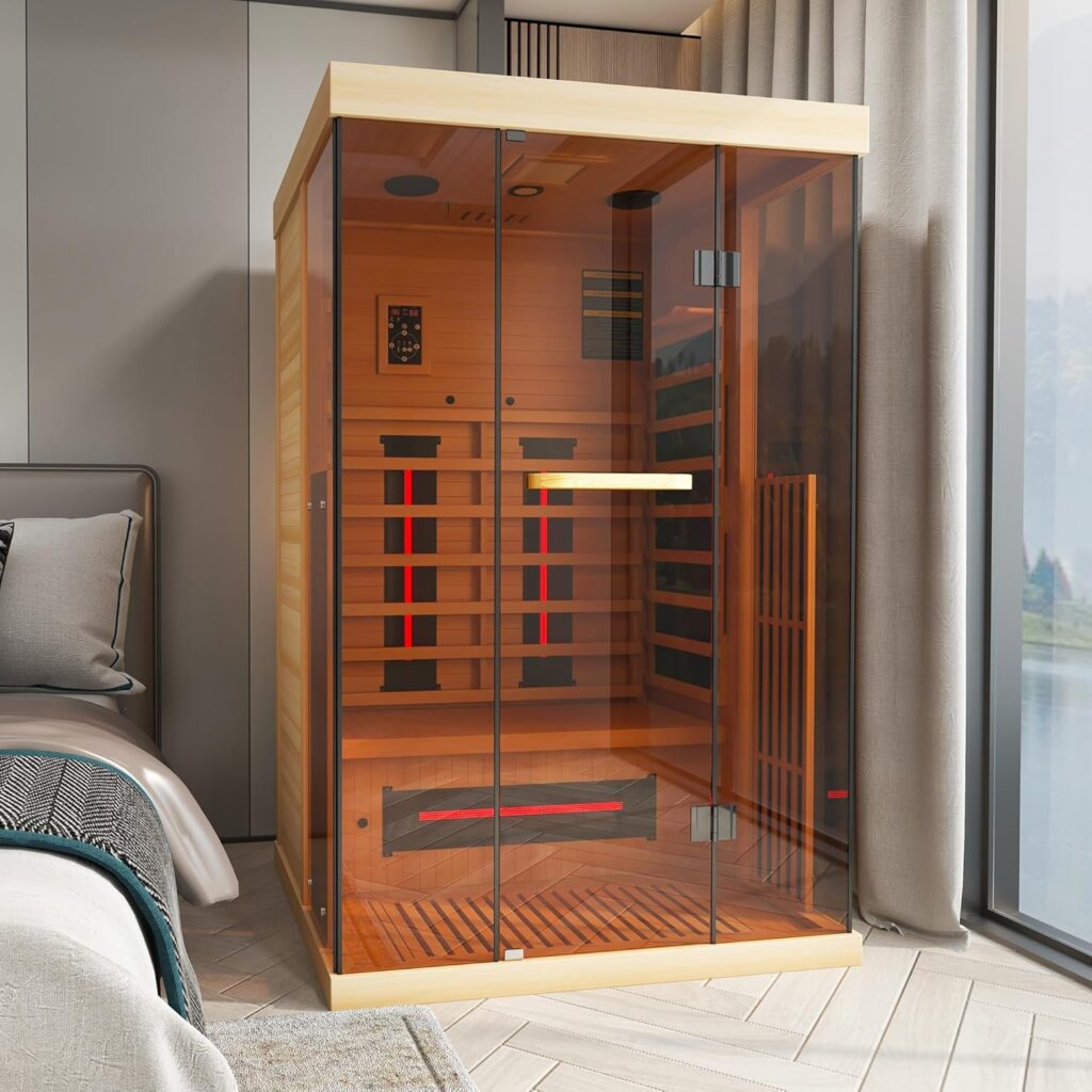 Infrared Saunas for Home, Upgraded 1-2 Person Sauna with 10 Minutes Fast Heating,Canadian Hemlock  Tempered Glass