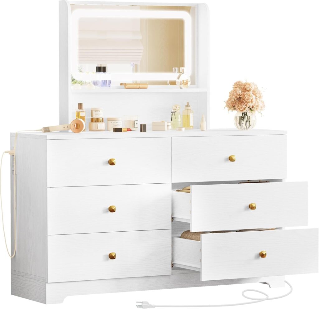 LIKIMIO Dresser for Bedroom 6 Drawer, Wood Dresser with Mirror and Charging Station, Storage Chest of Drawers for Living Room Hallway Entryway, White