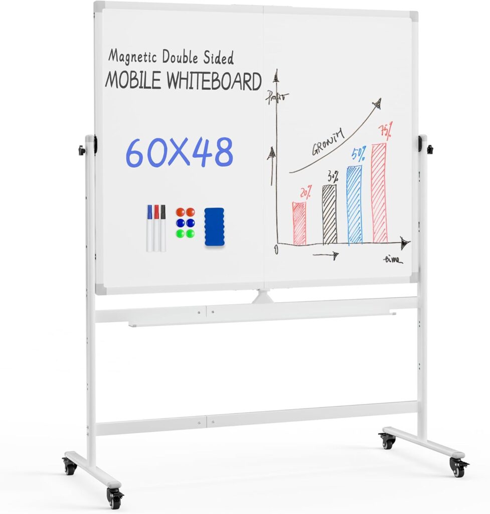 Rolling Whiteboard, 60x48 White Board with Stands Movable Dry Erase Board on Wheels, Large Double Sided Standing Whiteboard for Office School Classroom Presentation Supplies, Pearl White