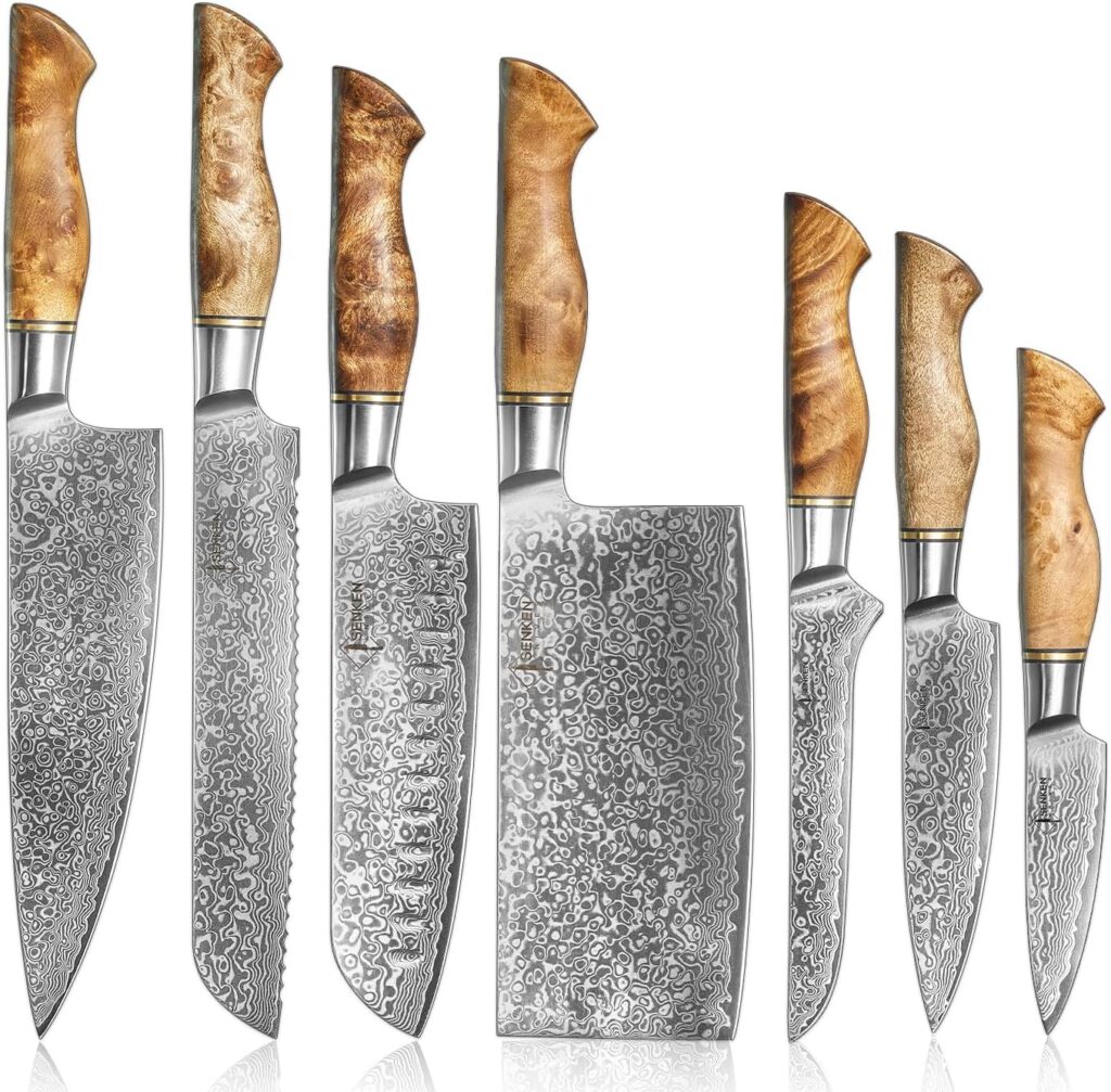 SENKEN 7-Piece Damascus Kitchen Knife Set - Dynasty Collection - 67-Layer Japanese VG10 Steel with Sycamore Wood Handles, Chefs Knife, Cleaver, Bread, Santoku, Boning,  More