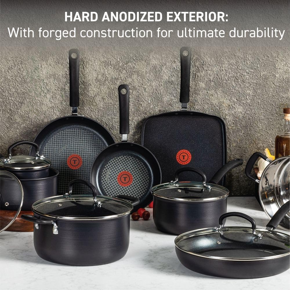 T-fal Ultimate Hard Anodized Nonstick Cookware Set 14 Piece, Oven Broiler Safe 400F, Lid Safe 350F, Kitchen Cooking Set w/ Fry Pans, Saucepans, Griddle, Dutch Oven, Pots  Pans, Dishwasher Safe, Black