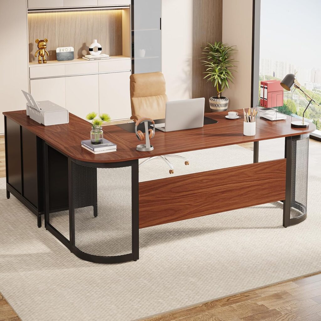 Tribesigns 63 Executive Desk with 31 File Cabinet, L-Shaped Office Desk with Drawer and Storage Shelves, Large Computer Desk Workstation Business Furniture Set for Home Office